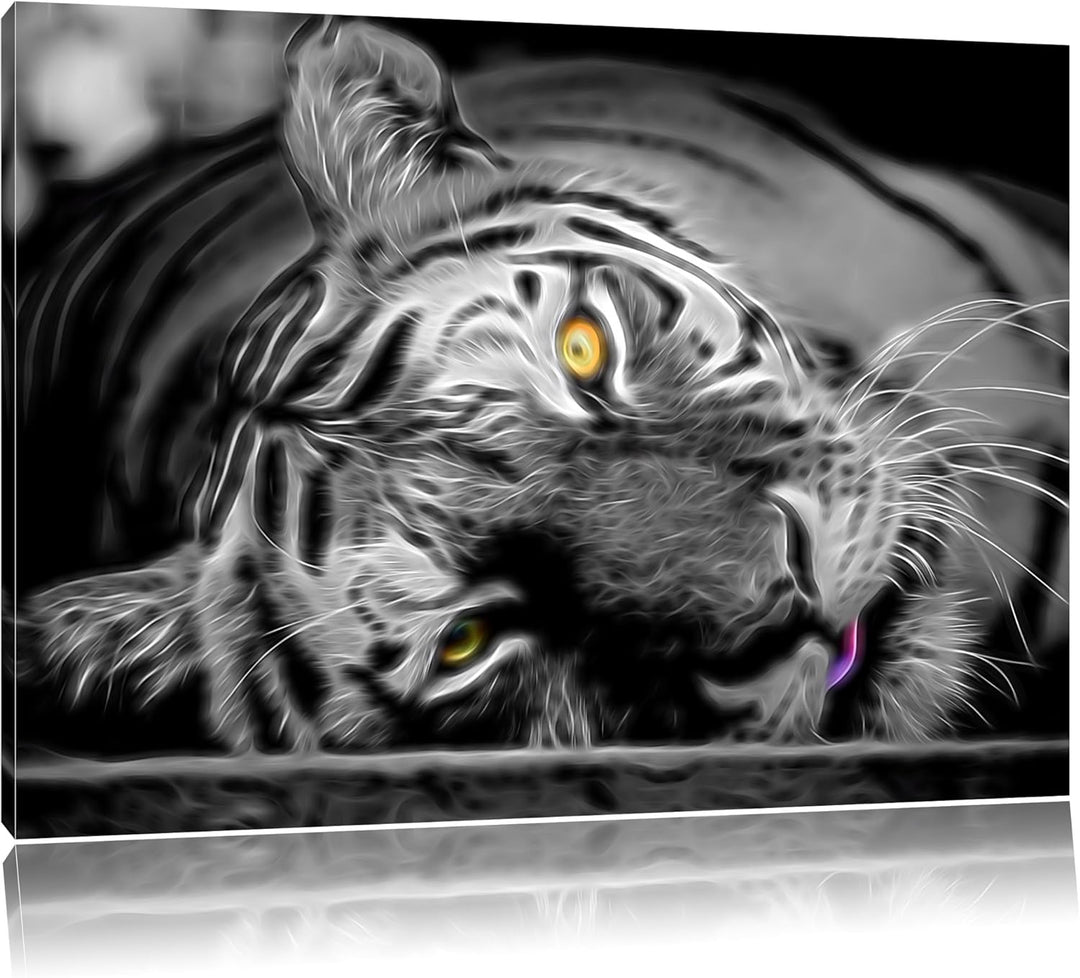 ruhender Tiger schwarz/weiss Deluxe Format: 100x70 cm auf Leinwand, XXL riesige Bilder fertig gerahm