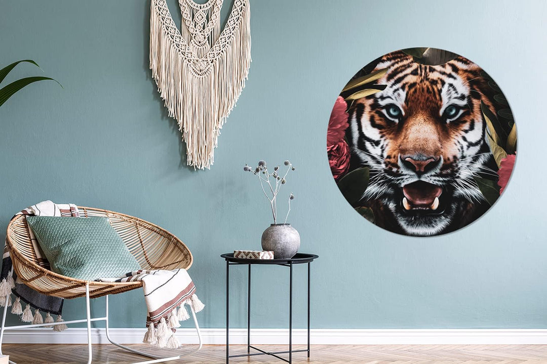 MuchoWow Wandbild Rund Wanddeko Deko Wohnzimmer Bilder 90x90 cm Tiger - Blumen - Dschungel, 90x90 cm