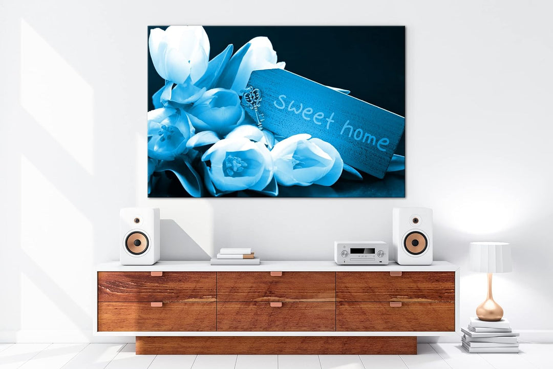 deyoli Tulpen Sweet Home Format: 80x60 Effekt: Monocrome Blau als Leinwand, Motiv fertig gerahmt auf