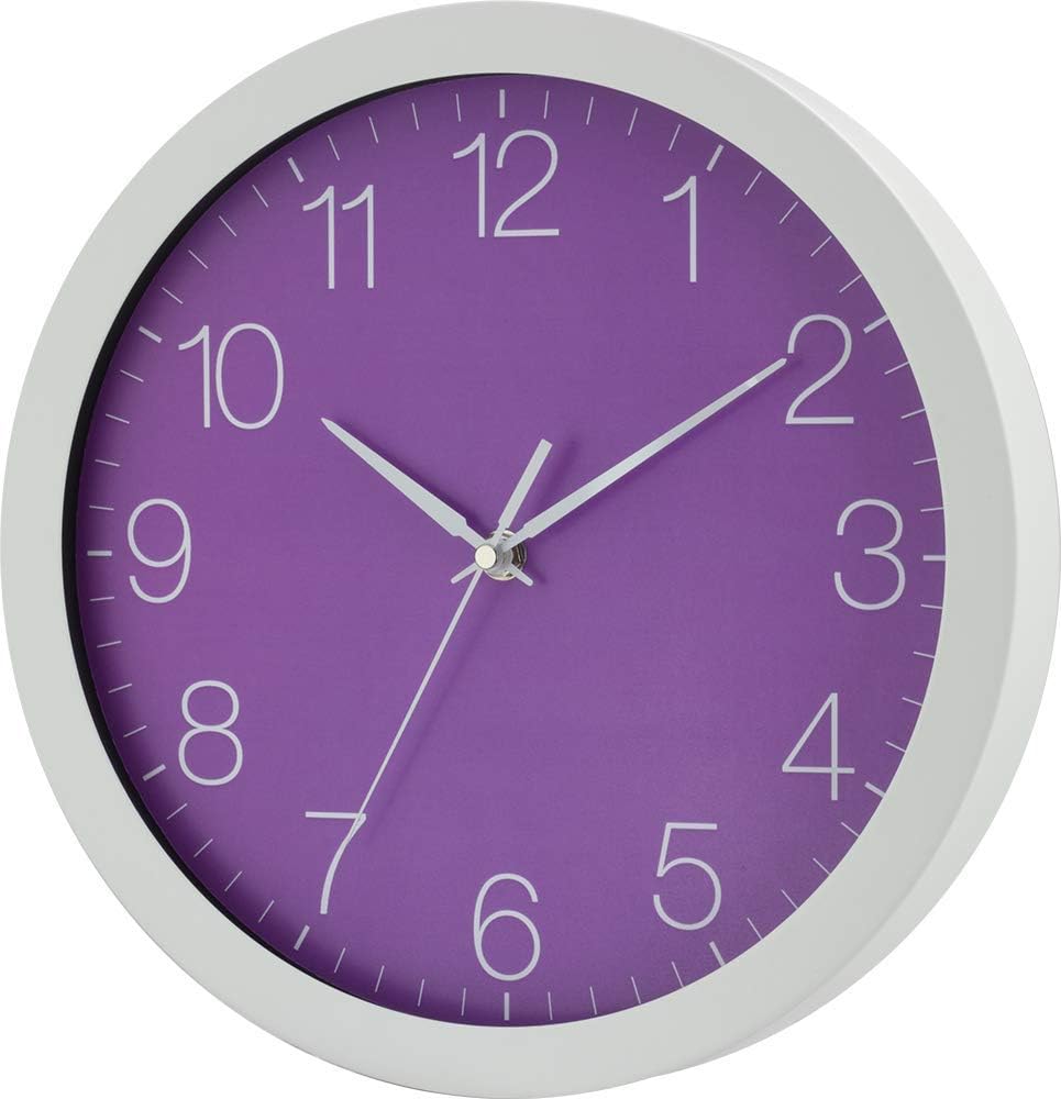 Eurotime Wanduhr Quarz, Lila, 30 cm, Aluminiumgehäuse Weiss, Echtglas, 12-Zahlen Zifferblatt, schlei