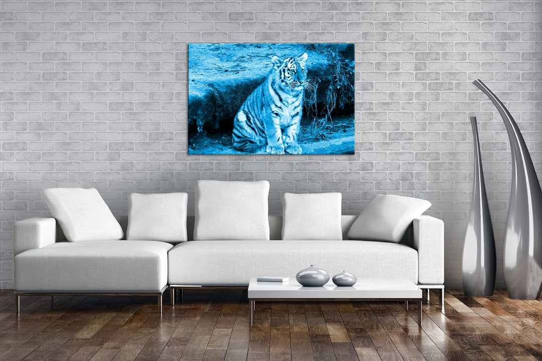 deyoli niedliches Tiger Jungtier Format 80x60 Effekt: Monocrome Blau als Leinwandbild, Motiv fertig