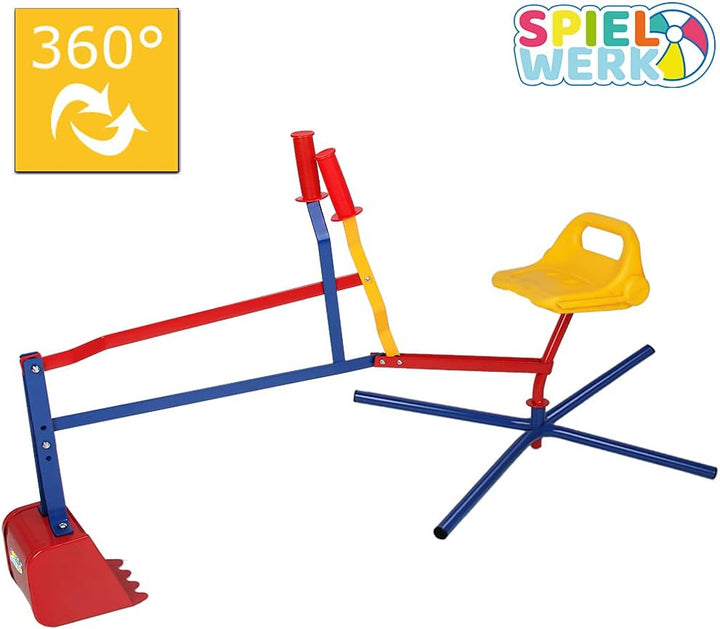 Spielwerk® Sitzbagger 360° Radius Schwenk- und Greiffunktion bis 50kg Sandkasten Aufsitzbagger Schau