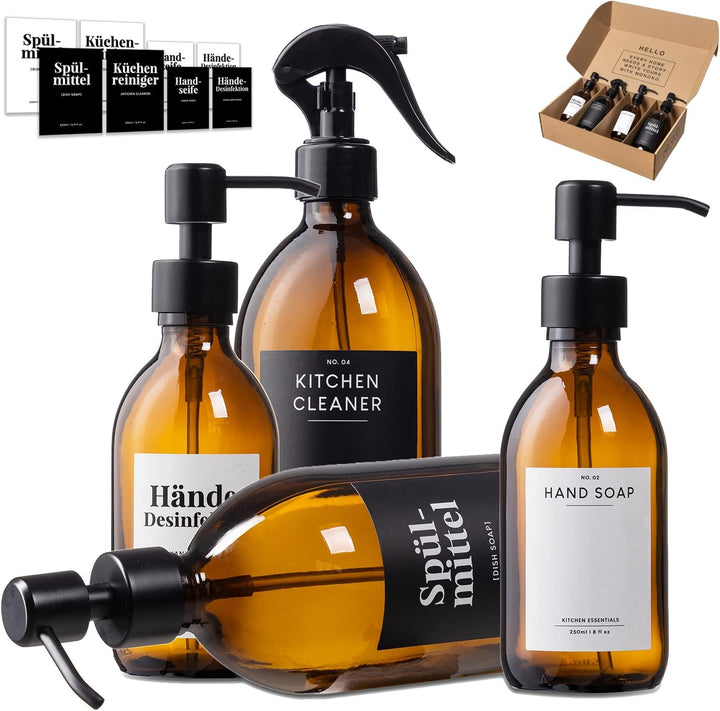 MONOKO 4er Set Seifenspender Braun - Spülmittelspender Küche - Sprühflasche Glas Pumpflasche + Edels