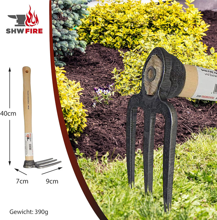 SHW-FIRE Handhacke: 3-Zinken Gartenhacke mit Eschenholzstiel - 40cm kurz - hochwertig geschmiedet