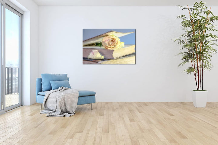 deyoli weisse Rose im Buch Format: 100x70 als Leinwand, Motiv fertig gerahmt auf Echtholzrahmen, Hoc