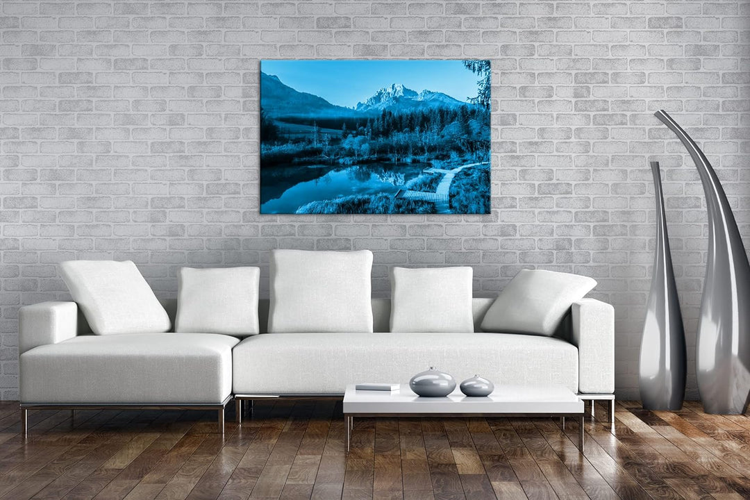 deyoli stiller See im Tal Format 80x60 Effekt: Monocrome Blau als Leinwandbild, Motiv fertig gerahmt