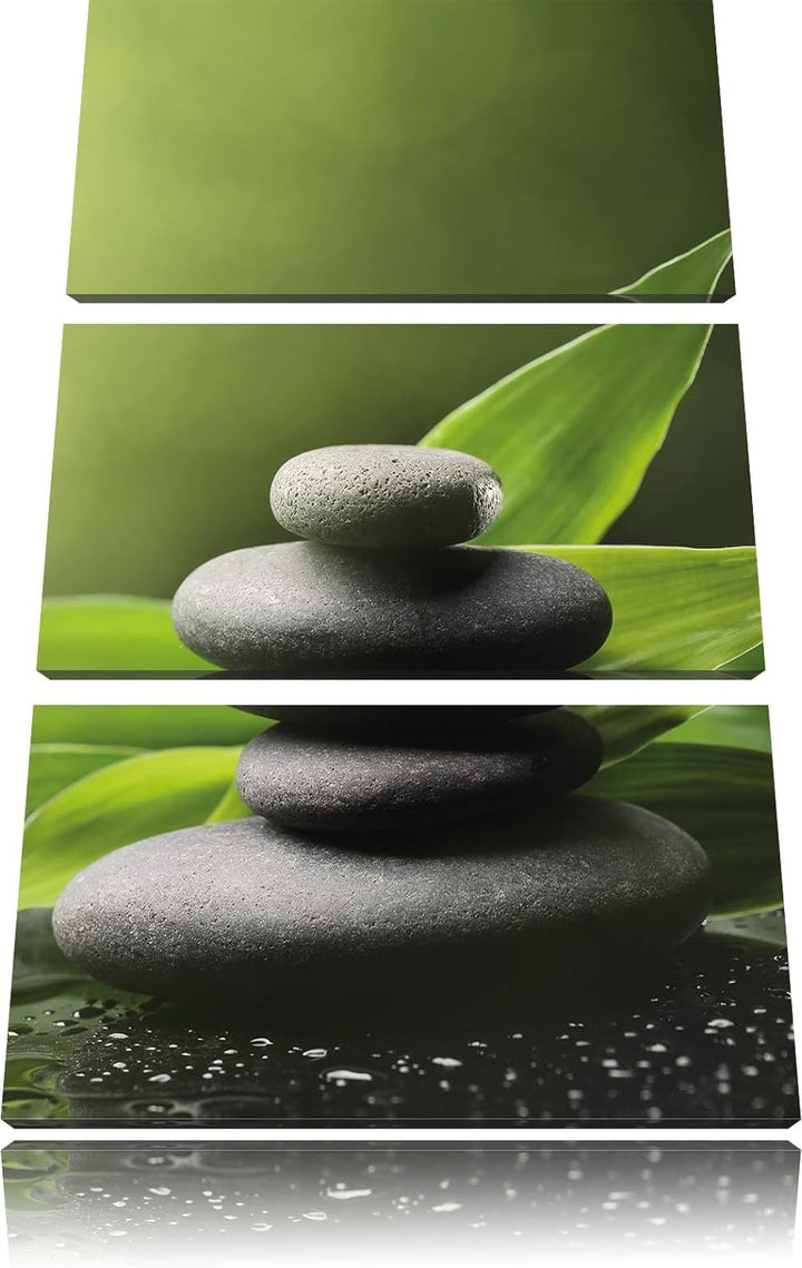 Pixxprint Zen Steine mit Blättern / 3-Teilig/Gesamtmass 120cm Leinwandbild bespannt auf Holzrahmen/W