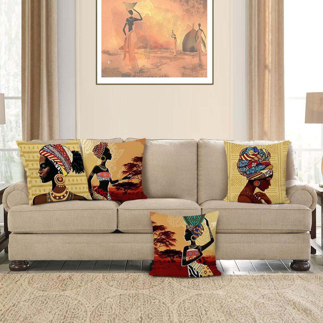 Bonhause 4er Set Kissenbezüge Afrikanische Frauen 45 x 45 cm Ethnisch Stammes Polyester Leinen Dekor