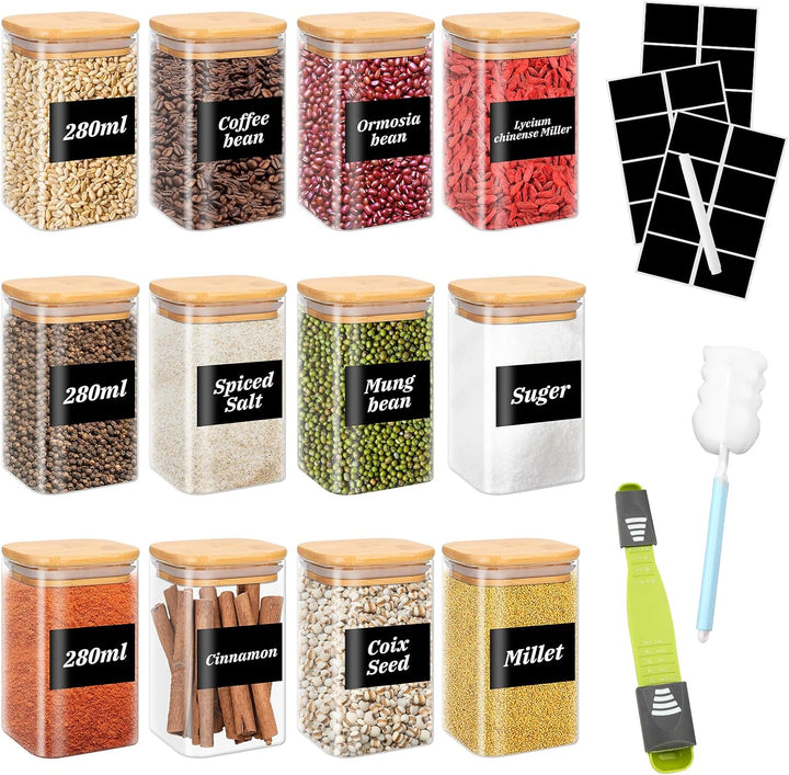 YUTUY Vorratsdosen Glas 12er Set,VorratsglĂ€ser mit Deckel Eckig, VorratsglĂ€ser GlasbehĂ€lter,GewĂŒrzgl