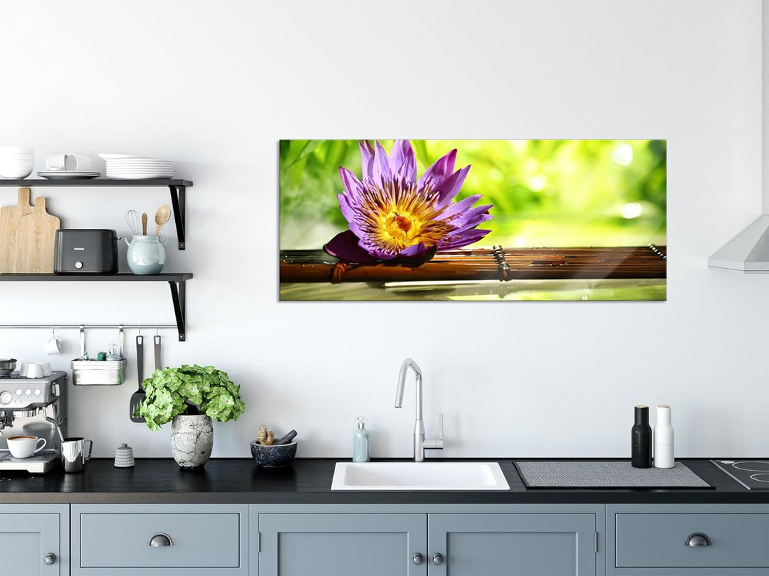 Glasbild Panorama | Wandbild aus Echtglas | Seerose auf Bambus Wellness | 100x40 cm | inkl. Aufhängu