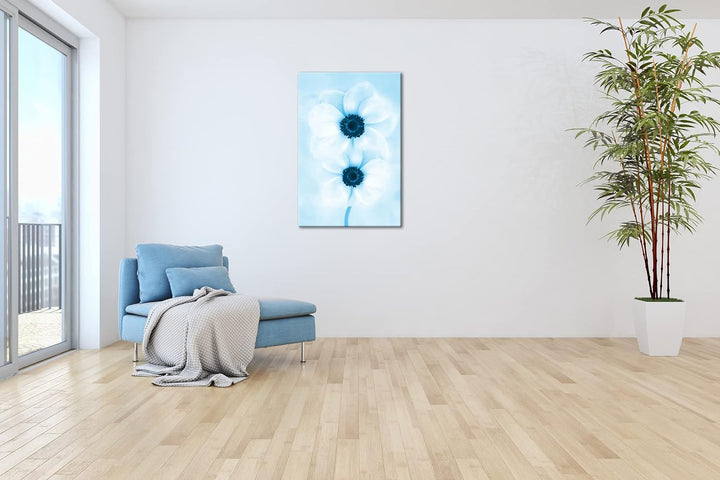 deyoli malerische weisse Blumen Format 100x70 Effekt: Monocrome Blau als Leinwandbild, Motiv fertig