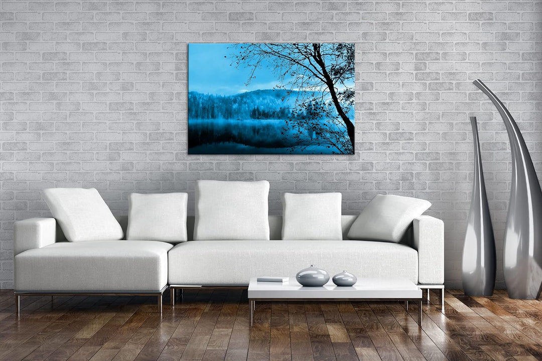 deyoli schöne Herbstlandschaft am See Format 80x60 Effekt: Monocrome Blau als Leinwandbild, Motiv fe