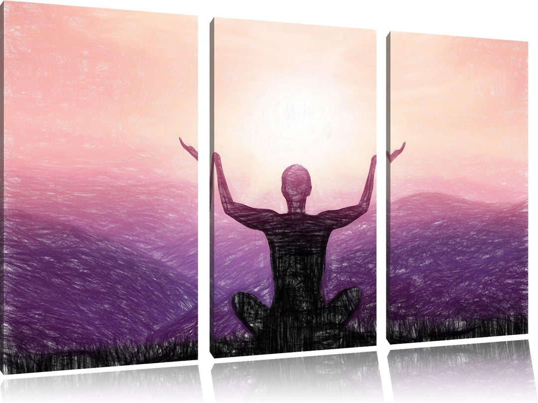 Pixxprint Yoga in den Bergen Kunst Buntstift Effekt 3-Teiler Leinwandbild 120x80 Bild auf Leinwand