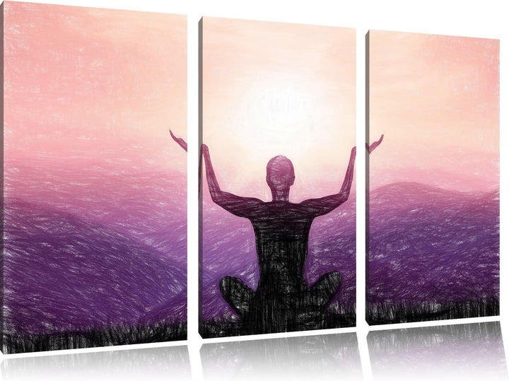 Pixxprint Yoga in den Bergen Kunst Buntstift Effekt 3-Teiler Leinwandbild 120x80 Bild auf Leinwand