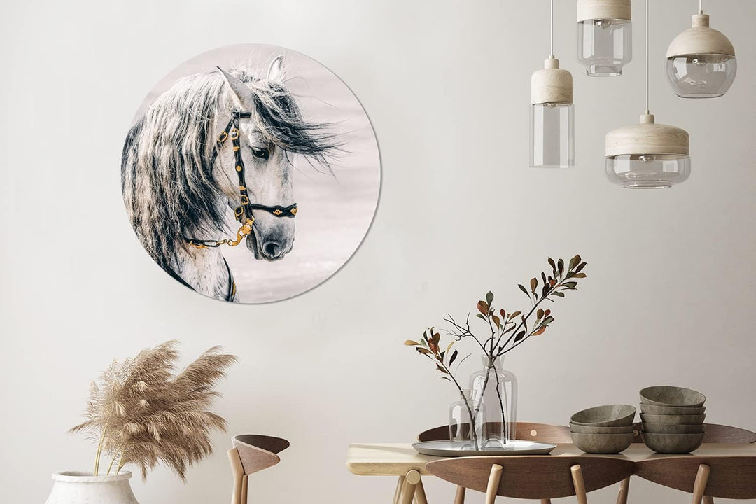 MuchoWow Wandbild Rund Wanddeko Deko Wohnzimmer Bilder 90x90 cm Pferd - Weiss - Gold, 90x90 cm