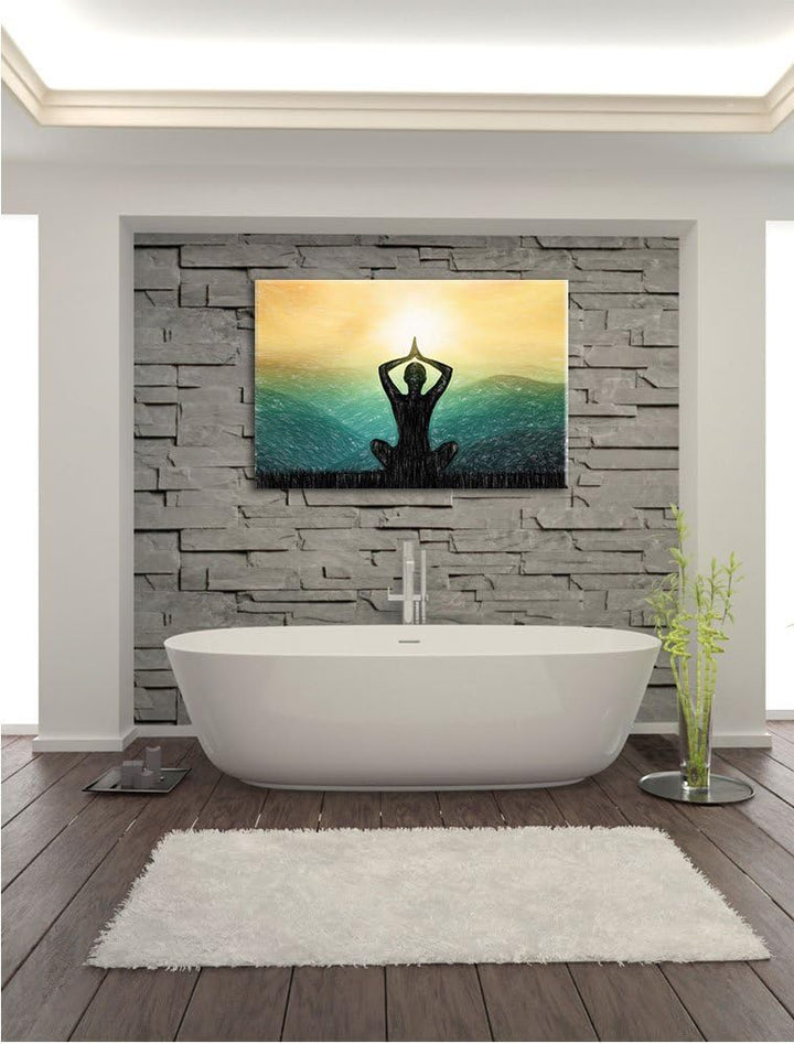 Pixxprint Yoga und Meditation in den Bergen Kunst Buntstift Effekt, Format: 100x70 auf Leinwand, 100