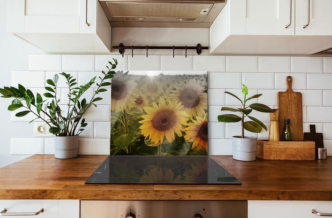Sonnenblumen auf dem Feld Herdabdeckplatte & Spritzschutz aus Echtglas | Für Herd-Kochfelder | 60x52