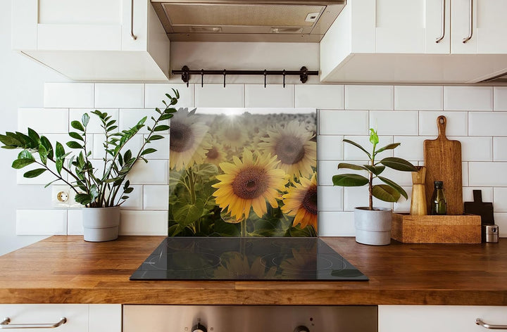 Sonnenblumen auf dem Feld Herdabdeckplatte & Spritzschutz aus Echtglas | Für Herd-Kochfelder | 60x52