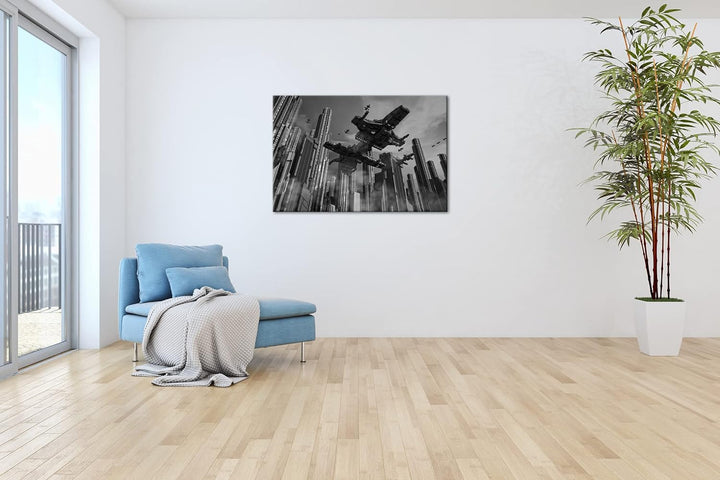 deyoli Raumschiff in einer Grossstadt Format: 80x60 Effekt: Schwarz&Weiss als Leinwandbild, Motiv fe