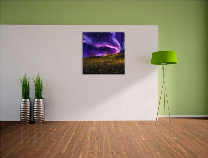 Polarlichter über Hügeln, Format: 70x70 auf Leinwand, XXL riesige Bilder fertig gerahmt mit Keilrahm
