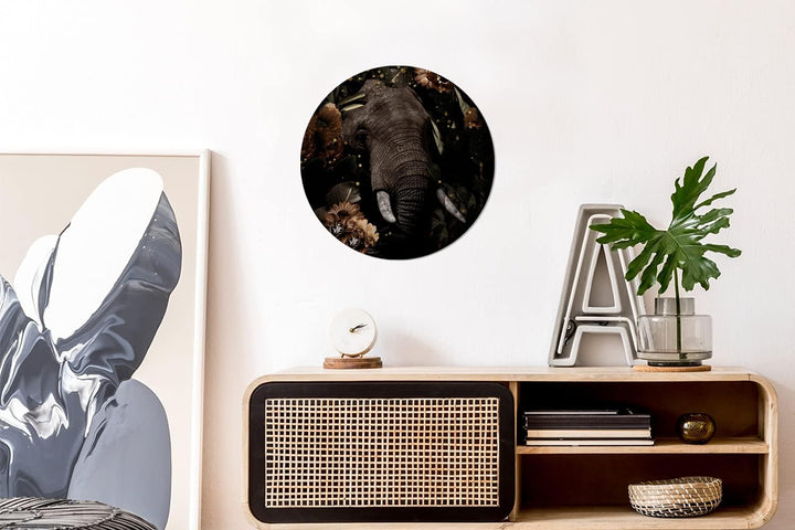 MuchoWow Wandbild Rund Wanddeko Deko Wohnzimmer Bilder 30x30 cm Elefant - Blumen - Licht - Botanisch