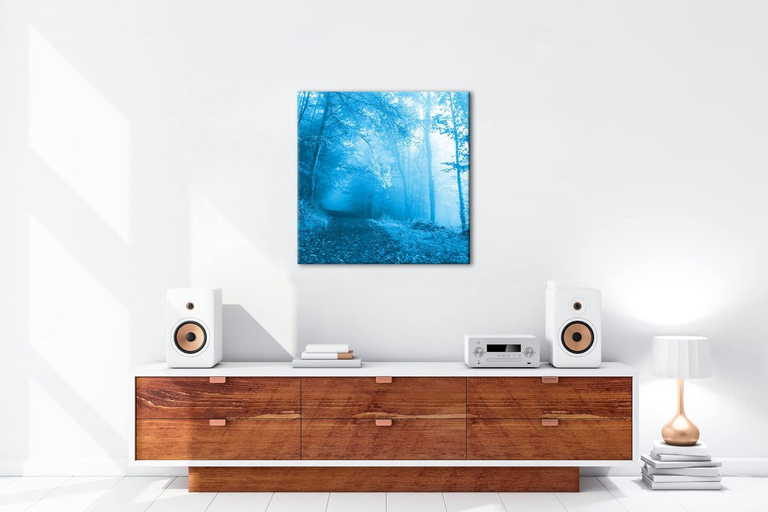 deyoli vernebelter Waldweg im Herbst Format: 70x70 Effekt: Monocrome Blau als Leinwandbild, Motiv fe