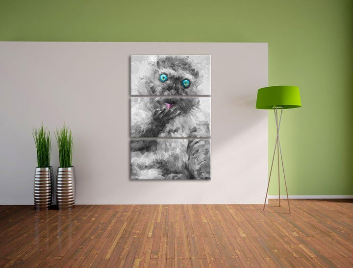 prächtiger Blauaugenmaki beim Putzen schwarz/weiss Deluxe 3-Teiler Leinwandbild 120x80 Bild auf Lein