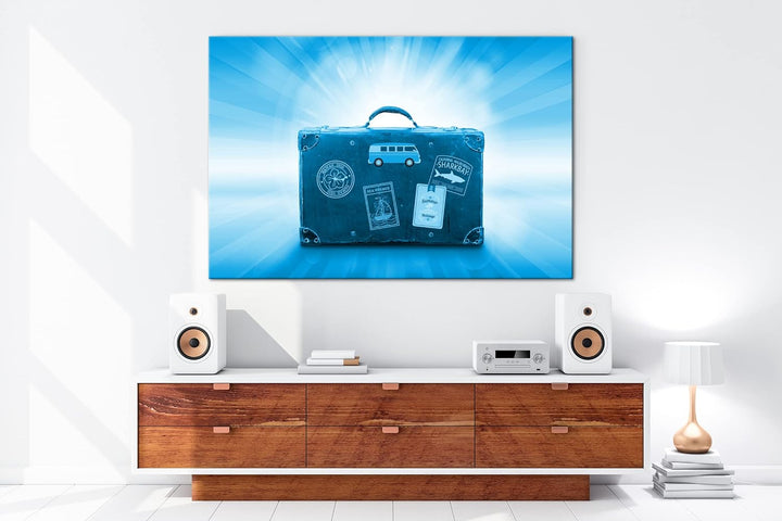 deyoli Reisekoffer aus Leder Format 80x60 Effekt: Monocrome Blau als Leinwandbild, Motiv fertig gera