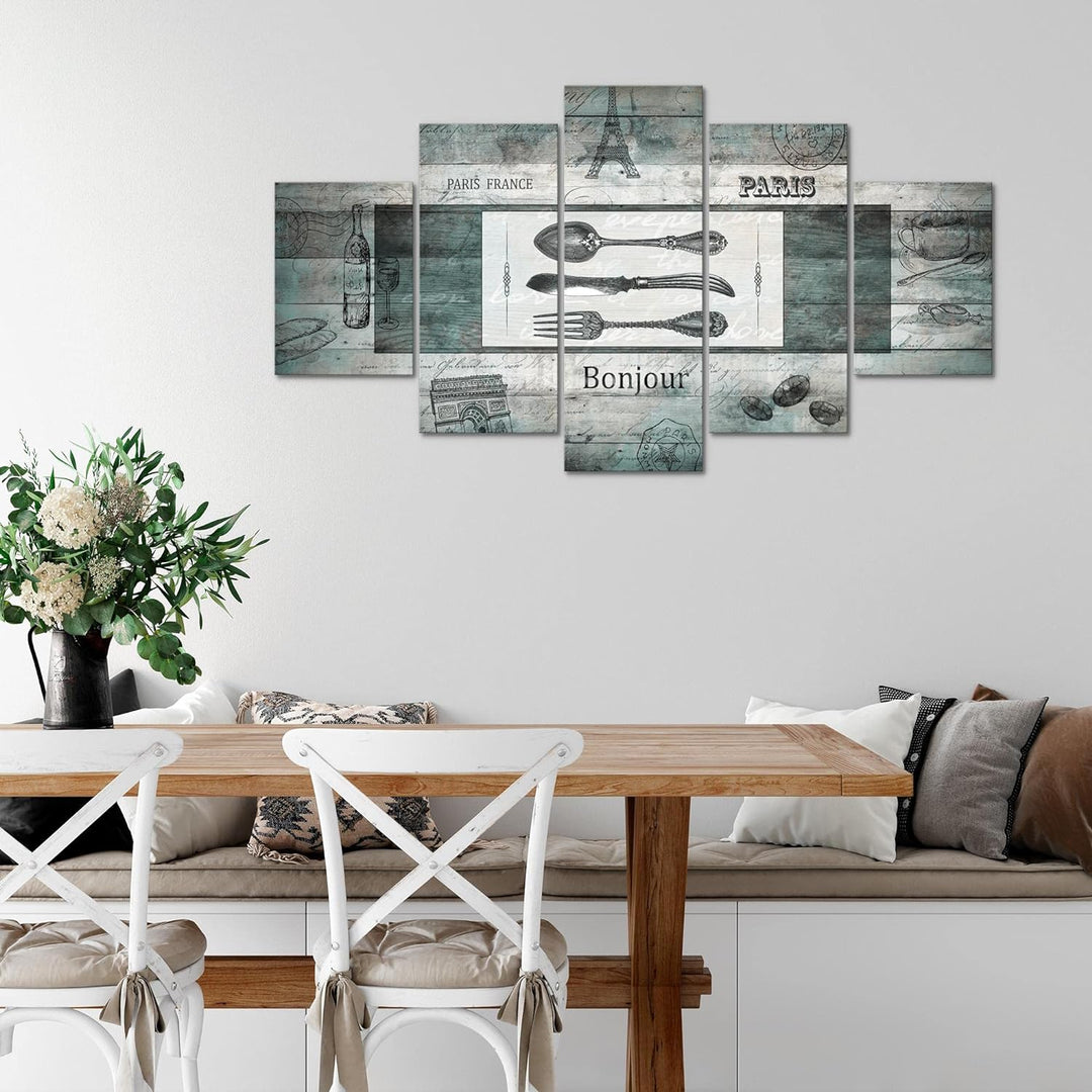 Runa Art Bild Esszimmer Küchenbilder Küche Holz 5 Teilig Vintage Besteck Türkis Wandbilder auf Vlies