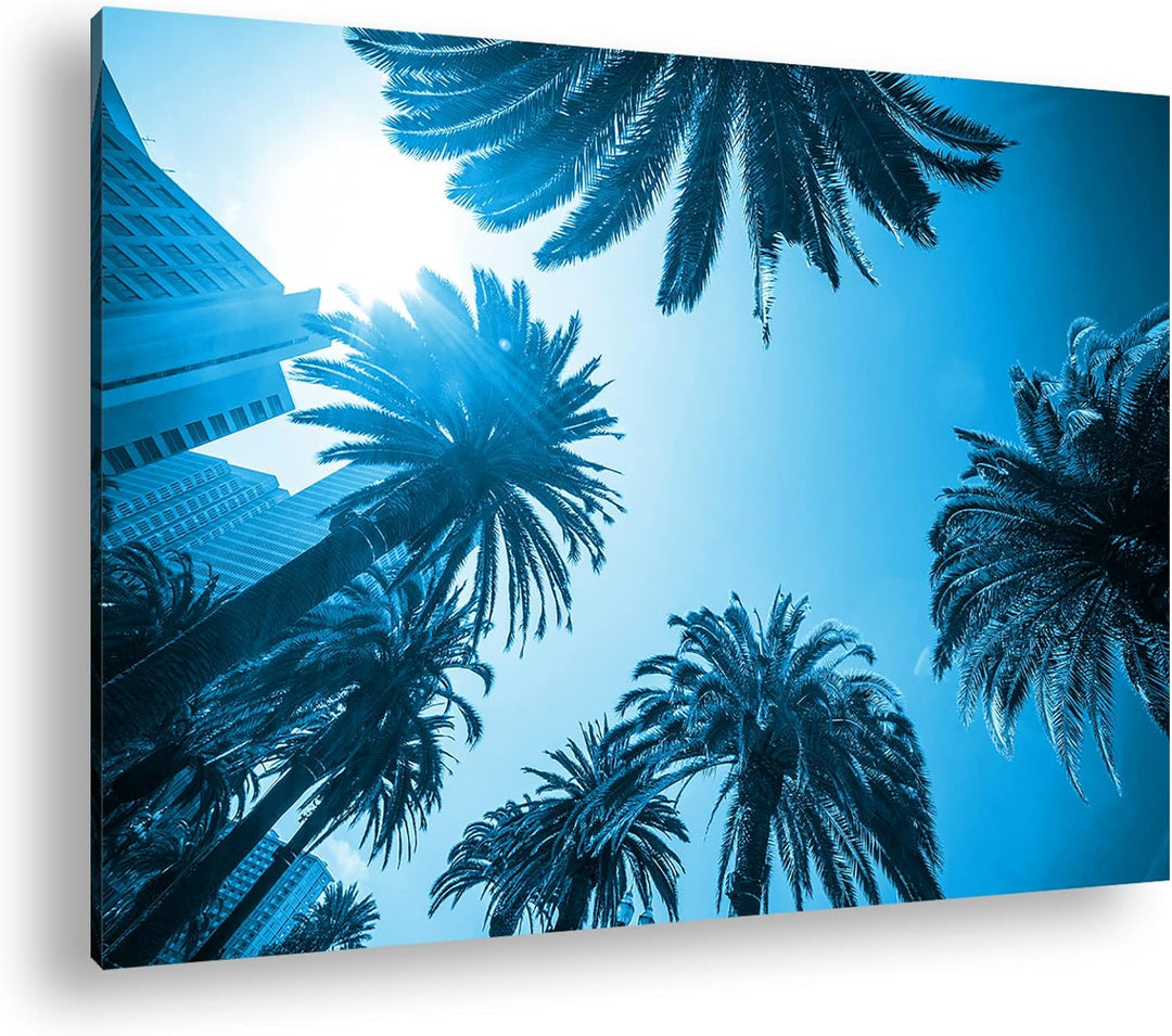 deyoli tropische Stadt mit Palmen Format: 60x40 Effekt: Monocrome Blau als Leinwand, Motiv fertig ge