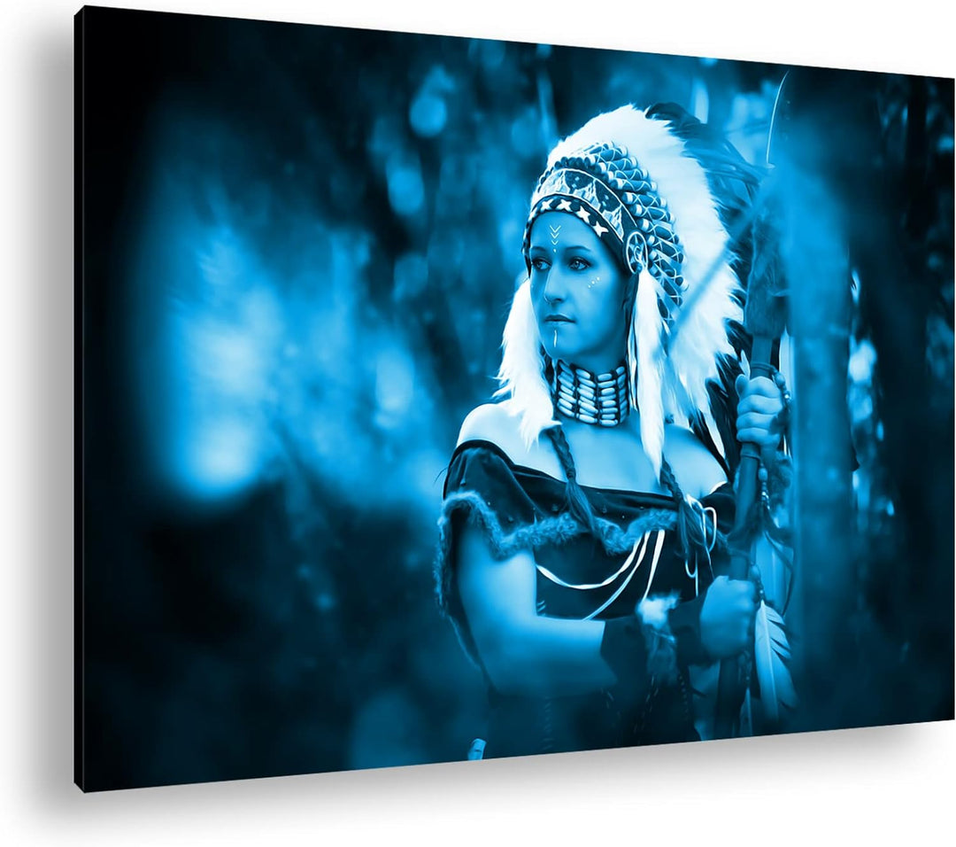 deyoli stolze Indianerin Format: 80x60 Effekt: Monocrome Blau als Leinwand, Motiv fertig gerahmt auf