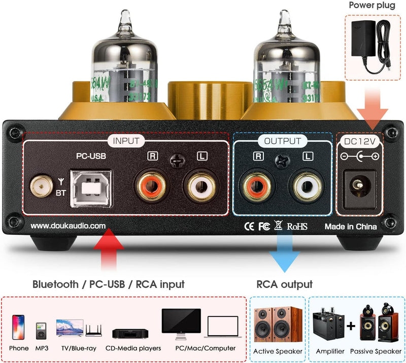 Douk Audio P1 Bluetooth 5.0 HiFi-Verstärker GE5654 Röhrenvorverstärker Valve Tube Preamp Ventil Kopf