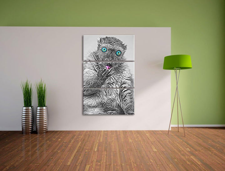 prächtiger Blauaugenmaki beim Putzen schwarz/weiss Deluxe 3-Teiler Leinwandbild 120x80 Bild auf Lein