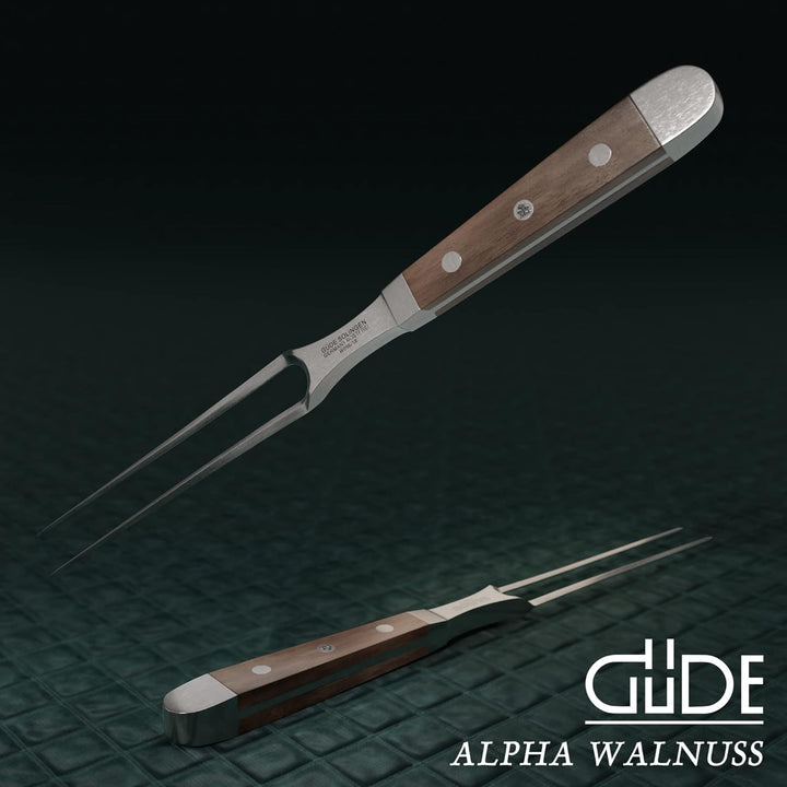 GÜDE Solingen - Fleischgabel geschmiedet, 18 cm, Walnussholz, ALPHA WALNUSS, Doppelkropf, Handmade G