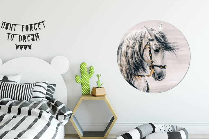 MuchoWow Wandbild Rund Wanddeko Deko Wohnzimmer Bilder 90x90 cm Pferd - Weiss - Gold, 90x90 cm