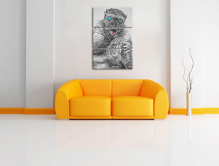 prächtiger Blauaugenmaki beim Putzen schwarz/weiss Deluxe 3-Teiler Leinwandbild 120x80 Bild auf Lein