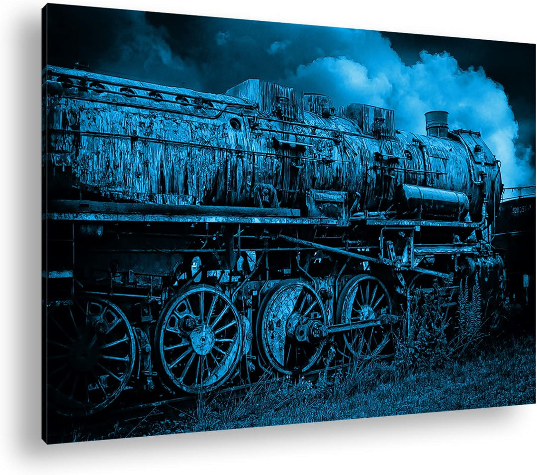 deyoli uralte Dampflokomotive Format 80x60 Effekt: Monocrome Blau als Leinwandbild, Motiv fertig ger