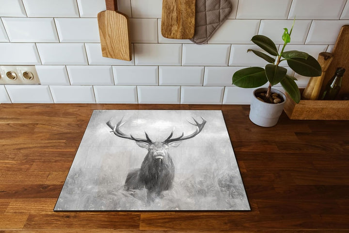 Grosser Hirsch im Feld Kunst Herdabdeckplatte & Spritzschutz aus Echtglas | Für Herd-Kochfelder | 60