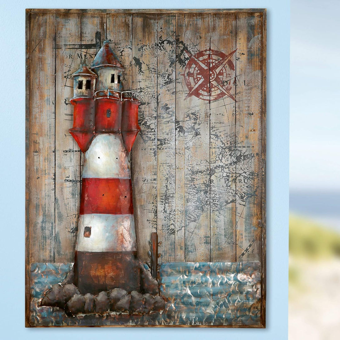 GILDE Gallery Bild - Kunstobjekt - Leuchtturm - handgefertigte Metallkunst auf Holz 100 x 75