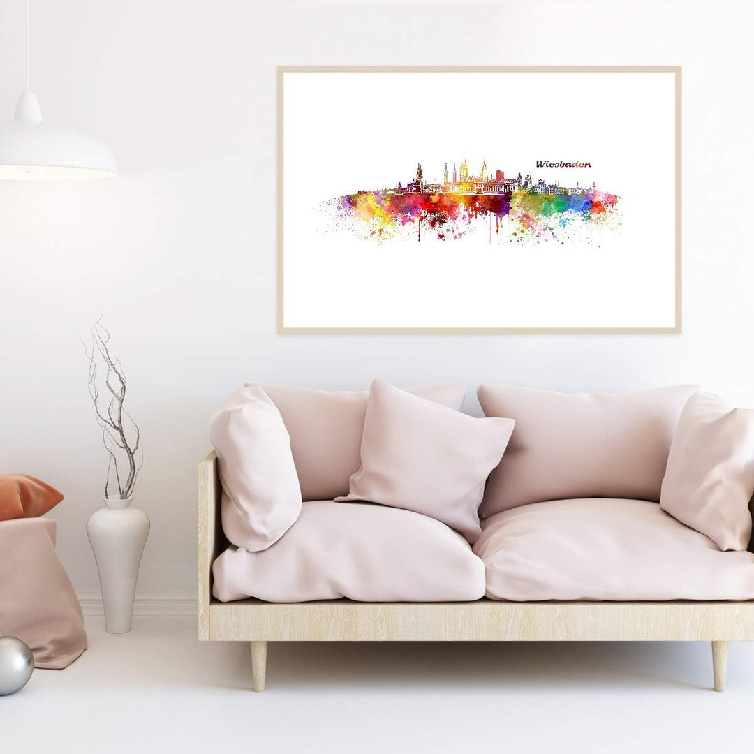 JUNIWORDS Poster mit/ohne Holzrahmen, Wähle ein Motiv, Aquarell Skyline Wiesbaden, Wähle eine Grösse