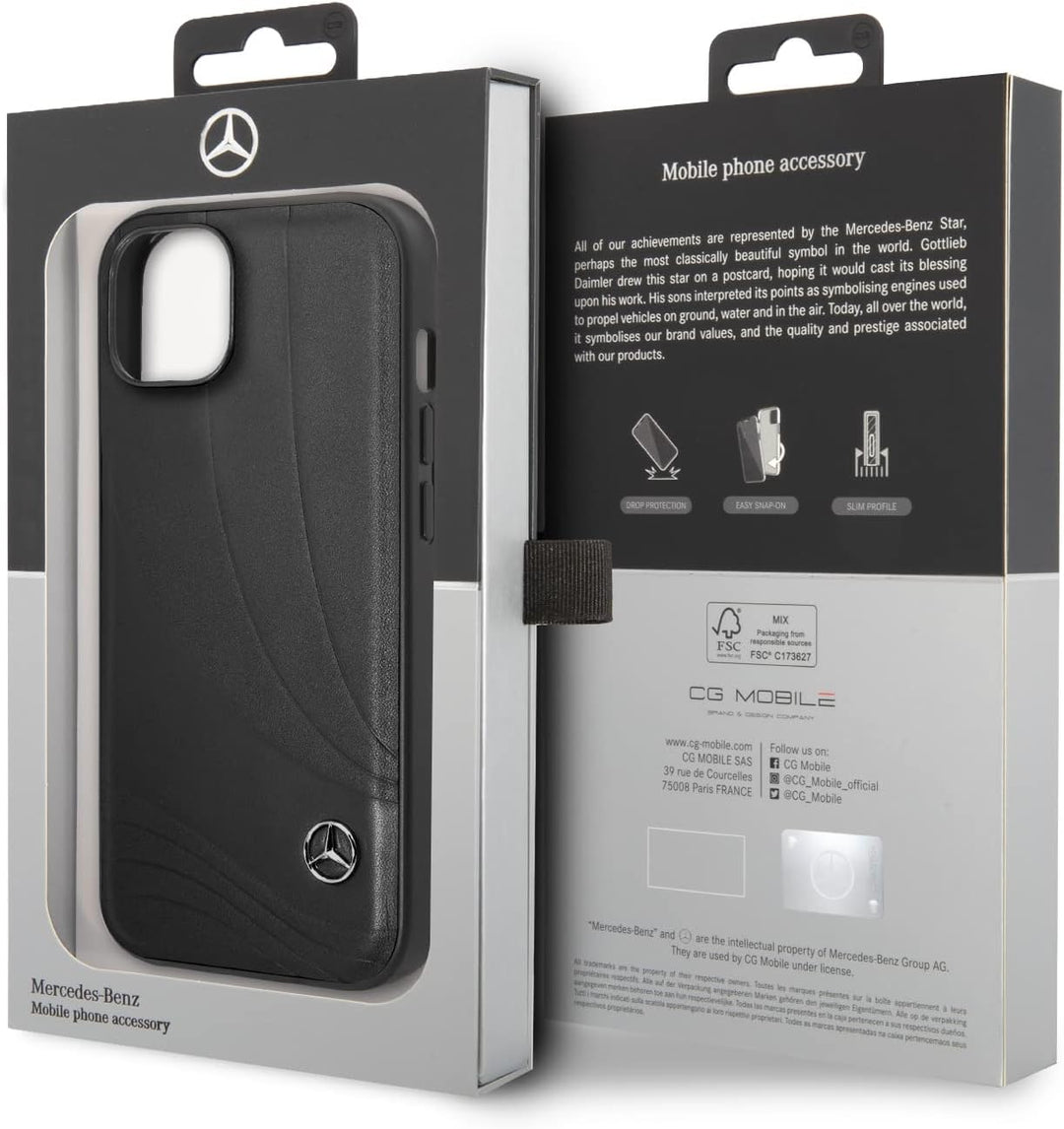 CG MOBILE Mercedes-Benz Handyhülle für iPhone 14 Plus in schwarzem Wellenmuster, Echtleder-Schutzhül