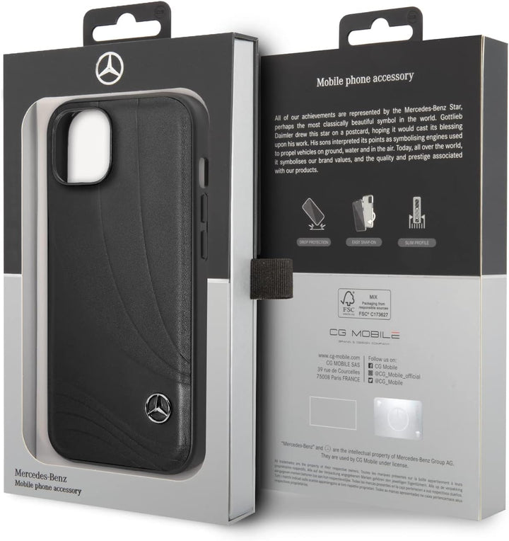 CG MOBILE Mercedes-Benz Handyhülle für iPhone 14 Plus in schwarzem Wellenmuster, Echtleder-Schutzhül