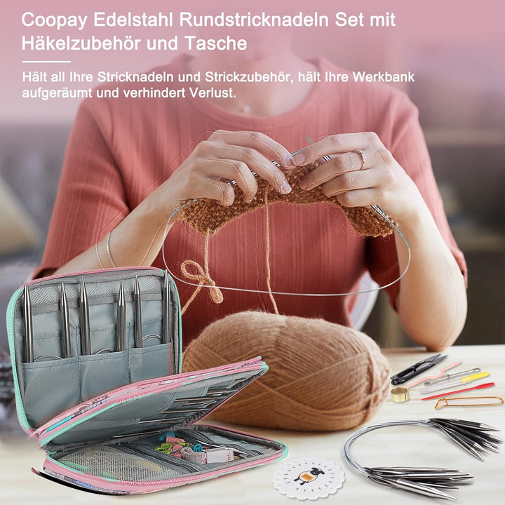 Coopay Rundstricknadeln 40 cm Edelstahl Rundstricknadel Set mit Tasche & Strickzubehör, 2,5-10 mm Me