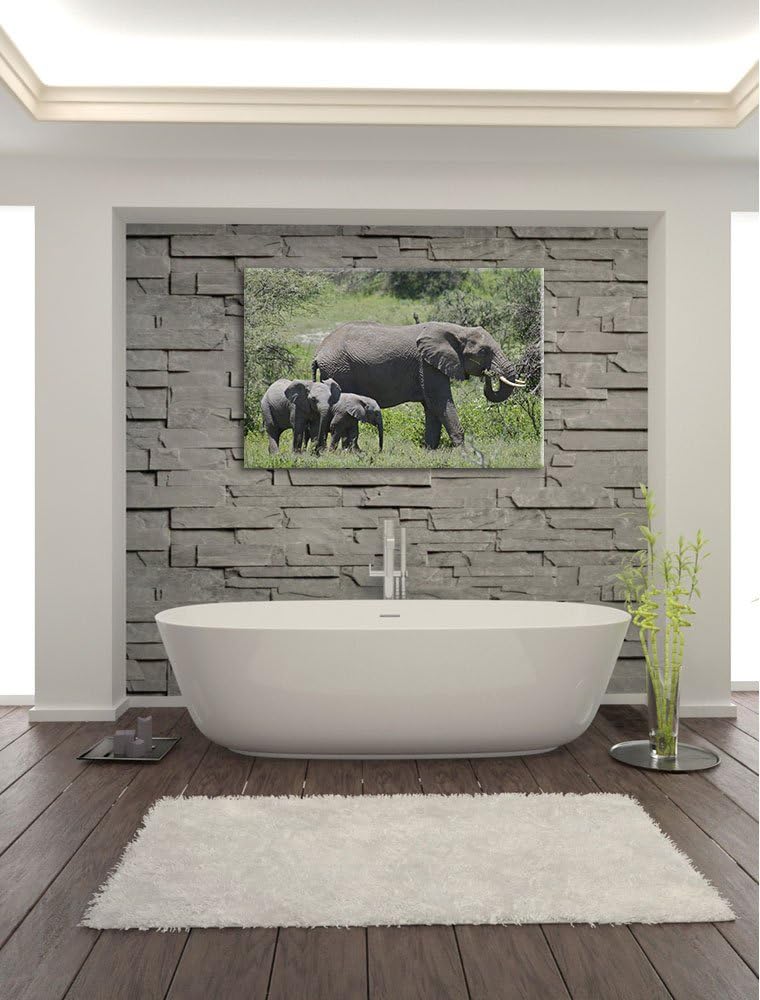 friedliche Elefantenfamilie Leinwand, XXL riesige Bilder fertig gerahmt mit Keilrahmen, Kunstdruck a