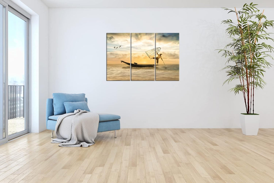 deyoli verspielter Fischer auf seinem Boot Format: 3Teilig als Leinwandbild, Motiv fertig gerahmt au