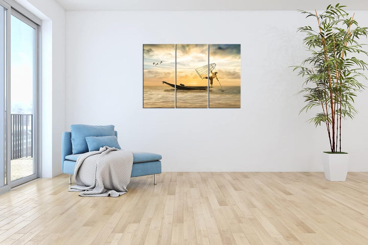 deyoli verspielter Fischer auf seinem Boot Format: 3Teilig als Leinwandbild, Motiv fertig gerahmt au