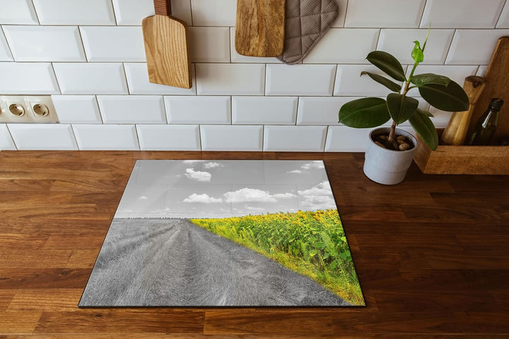 Feldweg Sonnenblumen Herdabdeckplatte & Spritzschutz aus Echtglas | Für Herd-Kochfelder | 60x52 cm