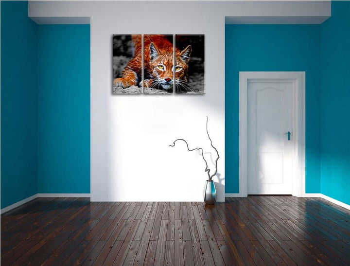 grosser wachsamer Luchs schwarz/weiss Deluxe 3-Teiler Leinwandbild 120x80 Bild auf Leinwand, XXL rie