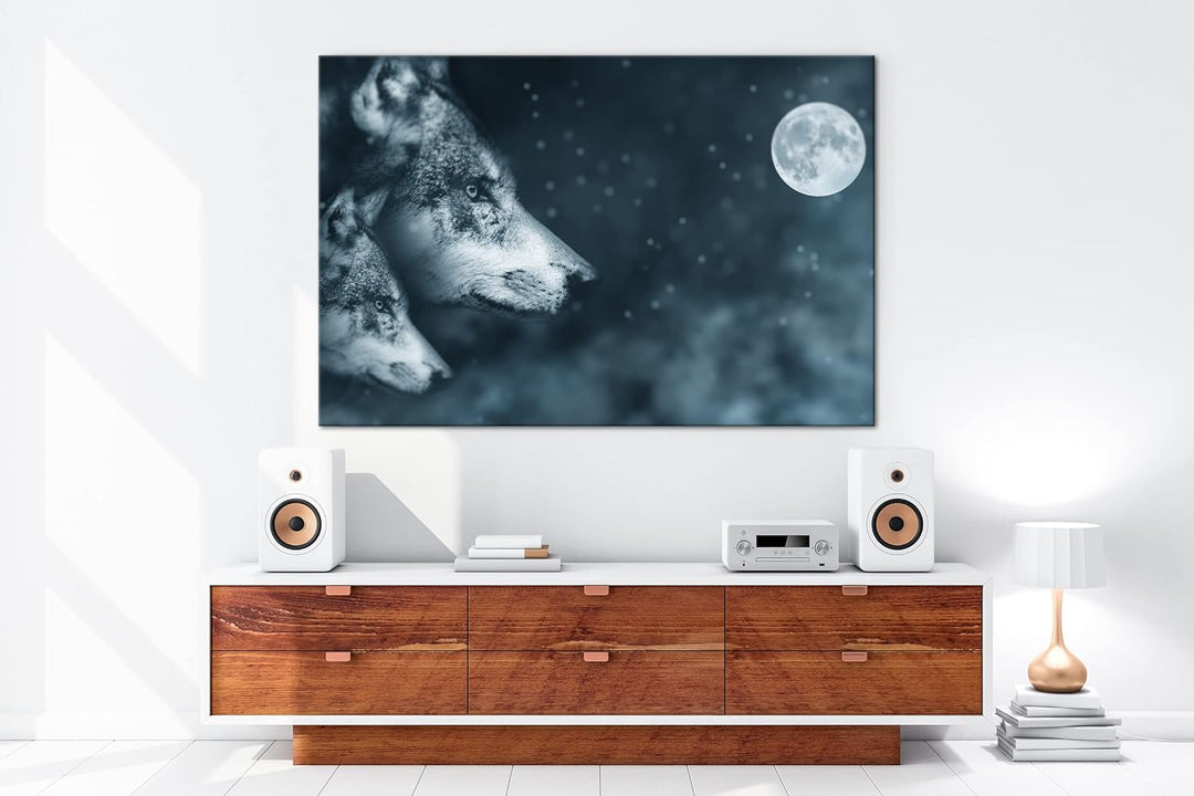 deyoli Wolf-Vollmond-Illustration Format: 100x70 als Leinwand, Motiv fertig gerahmt auf Echtholzrahm