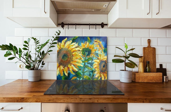 Sonnenblumen vor blauem Hintergrund Herdabdeckplatte & Spritzschutz aus Echtglas | Für Herd-Kochfeld